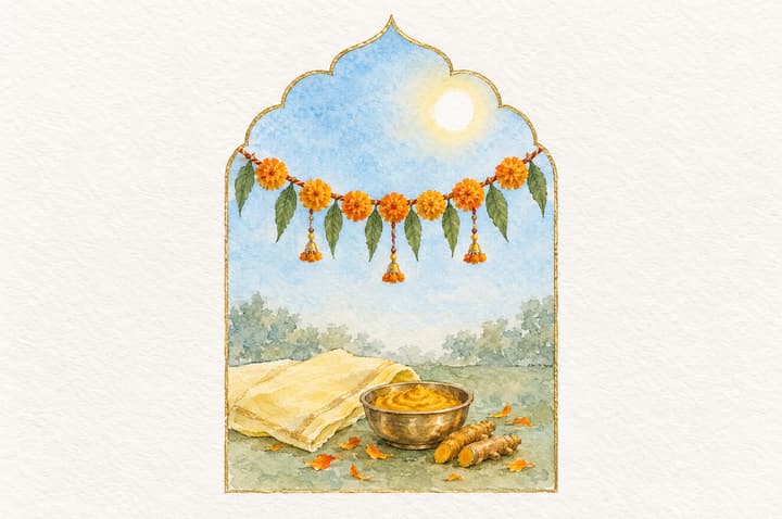 Painting: a marigold toran and a bowl of haldi under the afternoon sun.