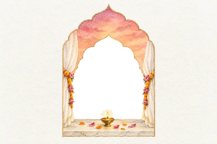 Painting: a window at dusk with drapes and one lit diya.